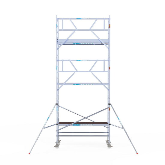 Euroscaffold Rolsteiger Euroscaffold Professional 90x250 7,2m werkhoogte carbon vloer tegen de gevel