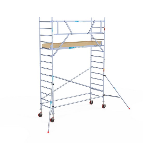 Euroscaffold Rolsteiger Euroscaffold Basic 90x305 5,2m werkhoogte carbon vloer tegen de gevel