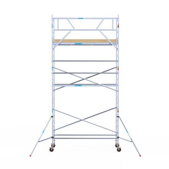 Euroscaffold Rolsteiger Euroscaffold Basic 90x305 7,2m werkhoogte carbon vloer tegen de gevel