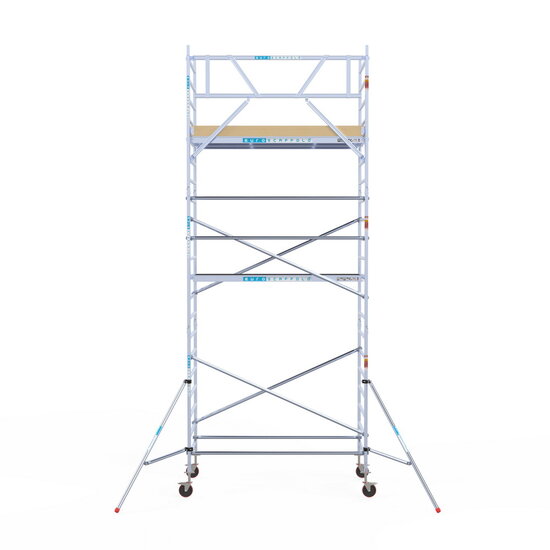Euroscaffold Rolsteiger Euroscaffold Basic 135x250 7,2m werkhoogte carbon vloer tegen de gevel