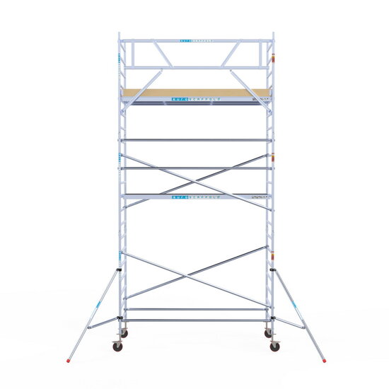 Euroscaffold Rolsteiger Euroscaffold Basic 135x305 7,2m werkhoogte carbon vloer tegen de gevel