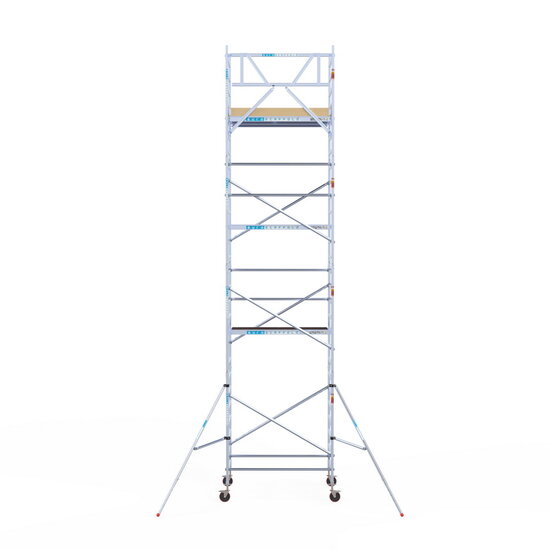 Euroscaffold Rolsteiger Euroscaffold Basic 135x190 9,2m werkhoogte carbon vloer tegen de gevel