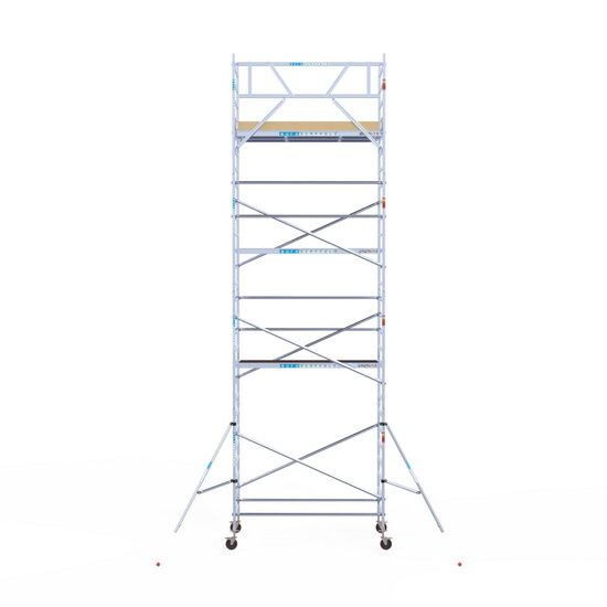 Euroscaffold Rolsteiger Euroscaffold Basic 135x250 9,2m werkhoogte carbon vloer tegen de gevel