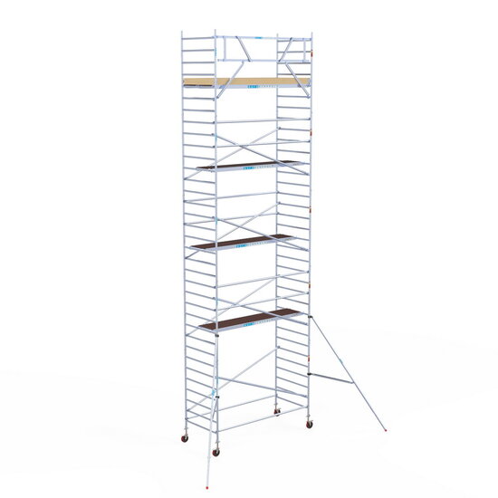 Euroscaffold Rolsteiger Euroscaffold Basic 135x305 11,2m werkhoogte carbon vloer tegen de gevel