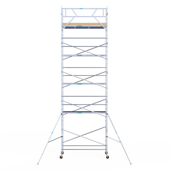 Euroscaffold Rolsteiger Euroscaffold Basic 135x305 11,2m werkhoogte carbon vloer tegen de gevel