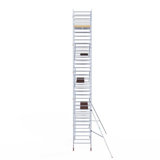 Euroscaffold Rolsteiger Euroscaffold Basic 135x305 11,2m werkhoogte carbon vloer tegen de gevel