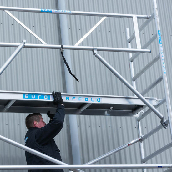 Euroscaffold Rolsteiger Euroscaffold Basic 90x250 8,2m werkhoogte carbon vloer tegen de gevel