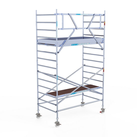 Euroscaffold Rolsteiger Euroscaffold Original 135x250 5,2m werkhoogte carbon vloer tegen de gevel