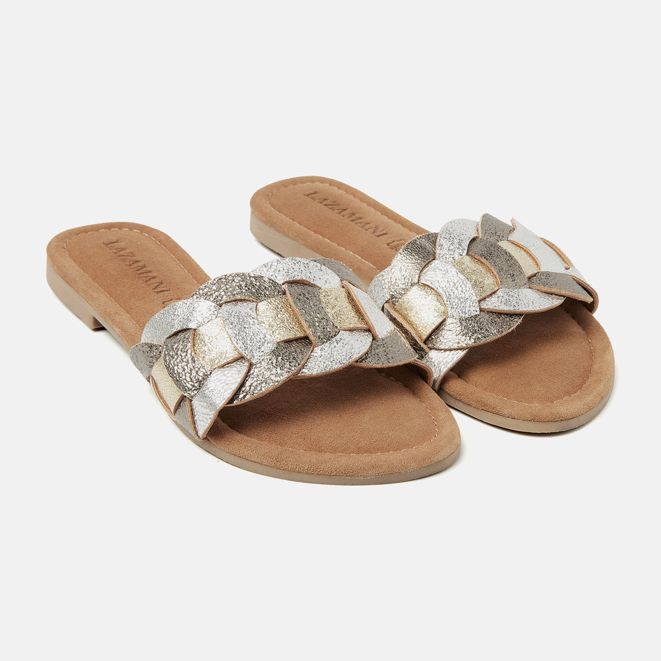 Lazamani Pewter gevlochten mona slippers