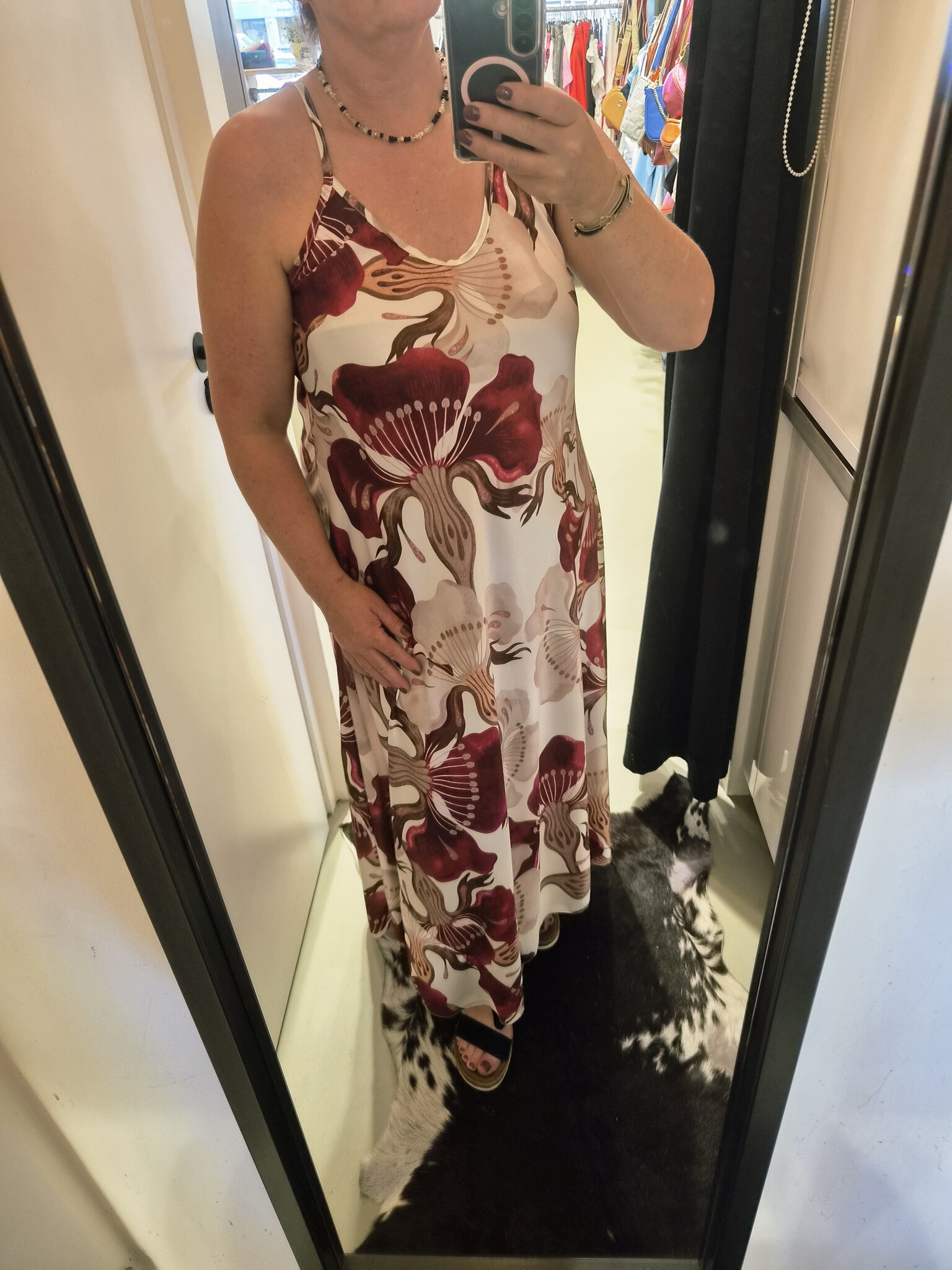 Spagetti jurk bordeaux met offwhite print