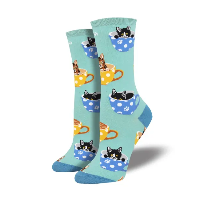 SockSmith - Chaussettes Chat-féine - chats dans des tasses à café - bleu - taille 36-41 (femme)