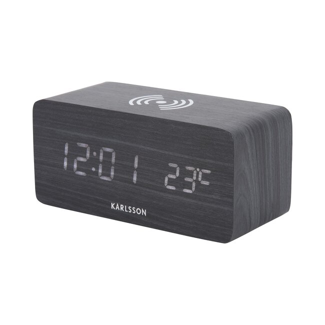 Karlsson - Wecker Block mit Handy-Lader - schwarzes Furnier - LED
