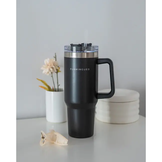Flamingueo - On The Go Thermosflasche Harold - schwarz - 1.2 Liter - mit Strohhalm und Griff