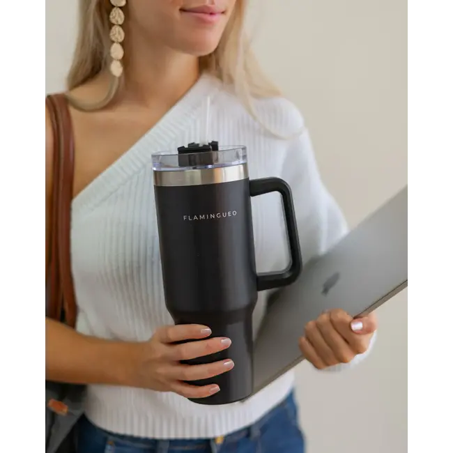 Flamingueo - On The Go Thermosflasche Harold - schwarz - 1.2 Liter - mit Strohhalm und Griff