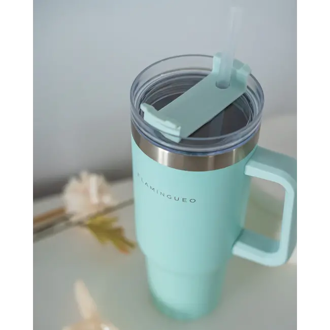 Flamingueo - Bouteille Thermos On The Go Harold - aigue-marine - 1.2 litres - avec paille et poignée