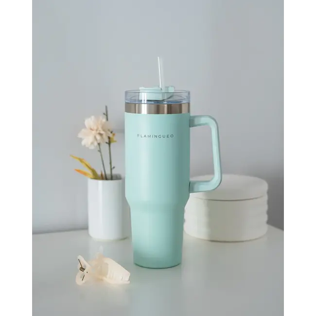 Flamingueo - Bouteille Thermos On The Go Harold - aigue-marine - 1.2 litres - avec paille et poignée