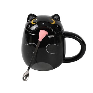 i-total Mug with Tongue Spoon Black Cat