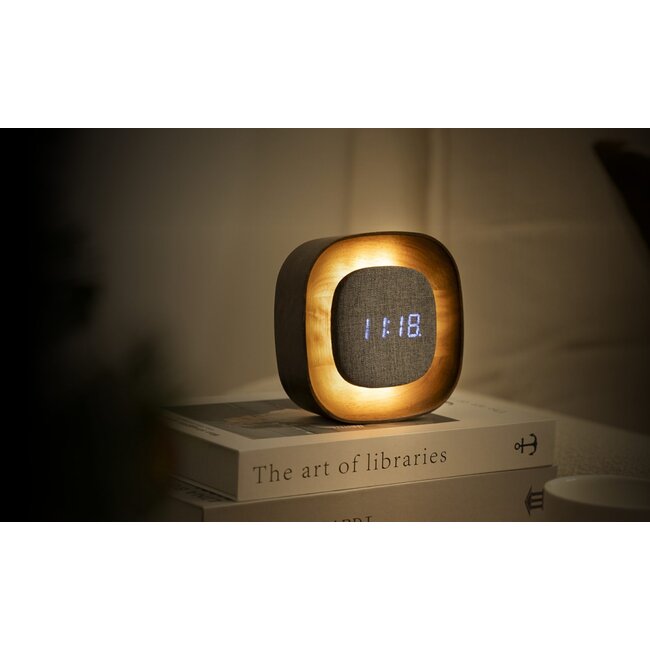 Gingko - Alarm Clock Lumos Clock Square - walnut - rechargeable - with night light mode