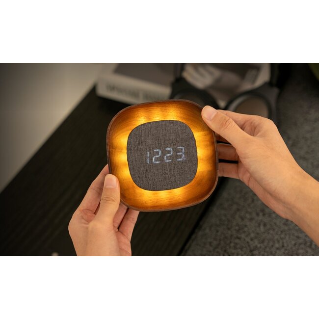 Gingko - Réveil Lumos Clock Square - noyer - rechargeable - avec mode veilleuse