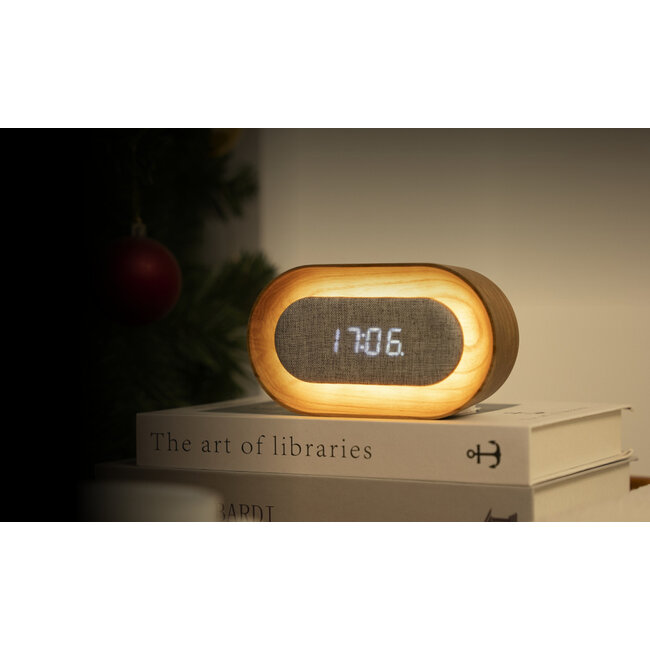 Gingko - Wekker Lumos Clock Oval - walnoot - oplaadbaar - met nachtlicht modus