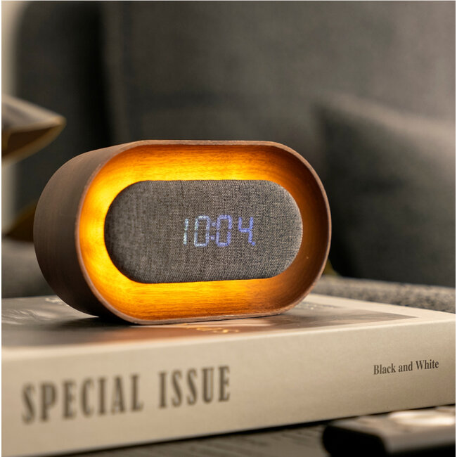 Gingko - Wecker Lumos Clock Oval - walnuß - wiederaufladbar - mit Nachtlichtmodus