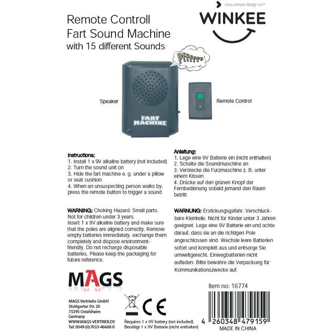 Winkee - Fart Sound Machine - Remote Controlled - 15 Fart Sounds