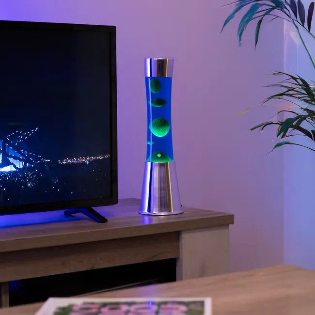 Fisura - Lava Lamp - chroom - groene lava, blauwe vloeistof
