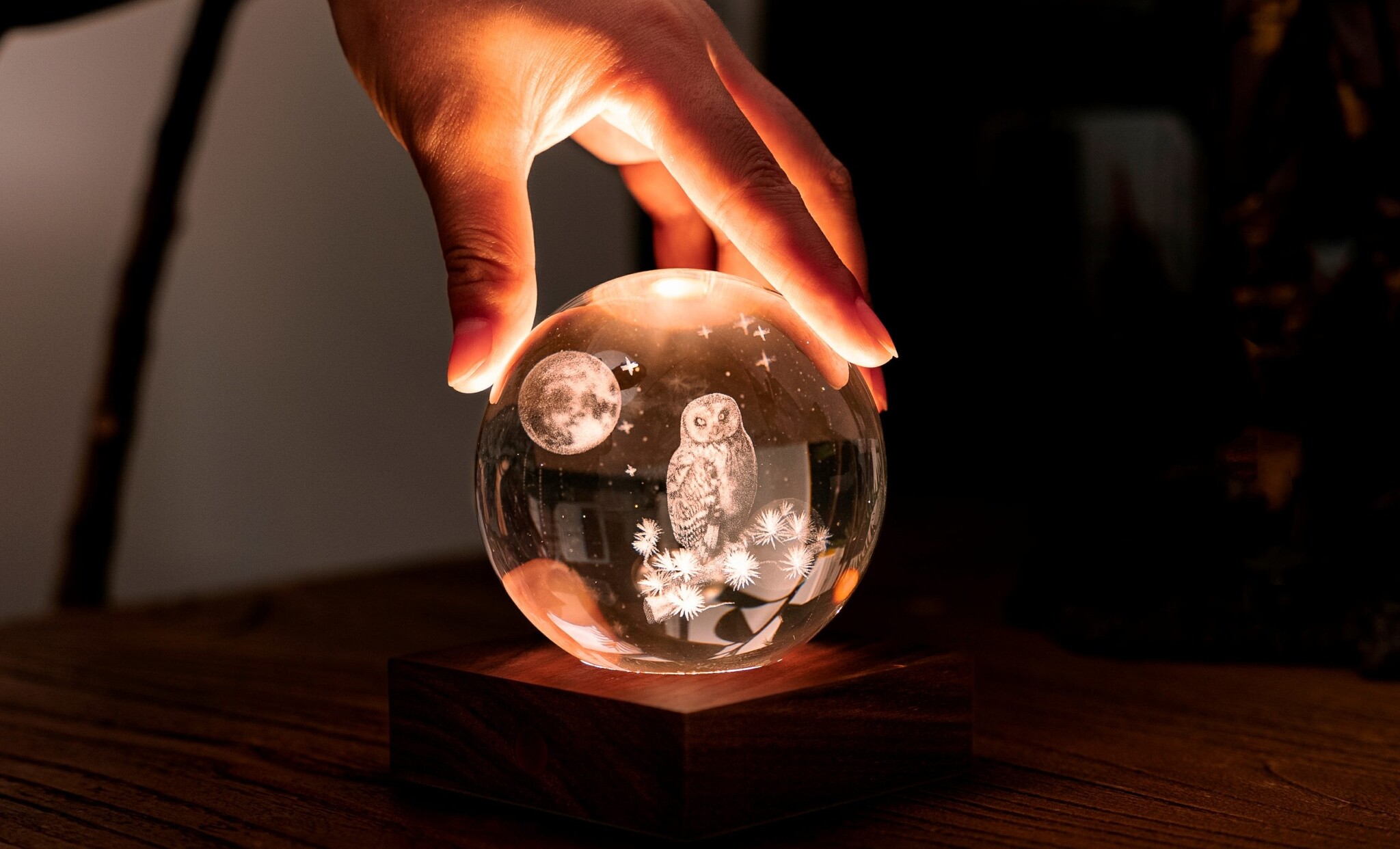 Amber Crystal Ball Night Light - The Owl Moon - Gingko - Axeswar Design