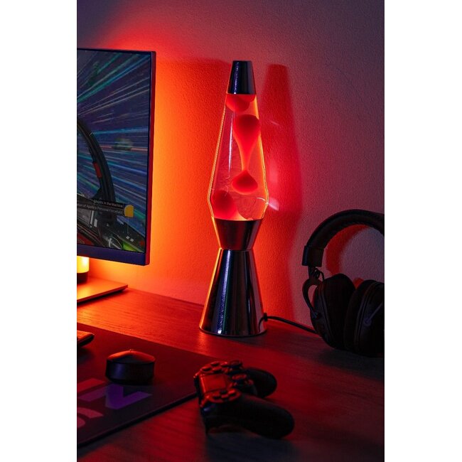 Fisura - Lampe à Lave Fusée - liquide transparent, lave rouge, base chromée