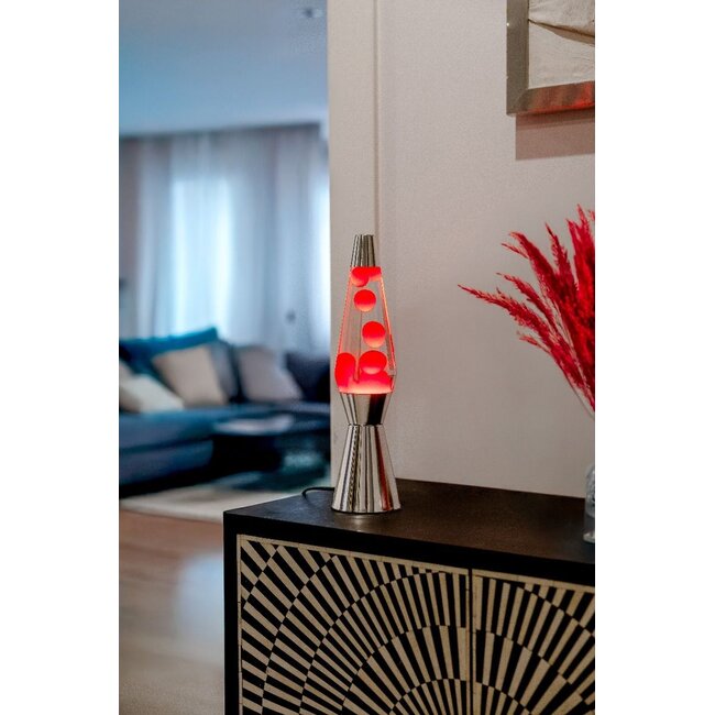 Fisura - Lava Lamp Raket - transparante vloeistof, rode lava, chromé voet