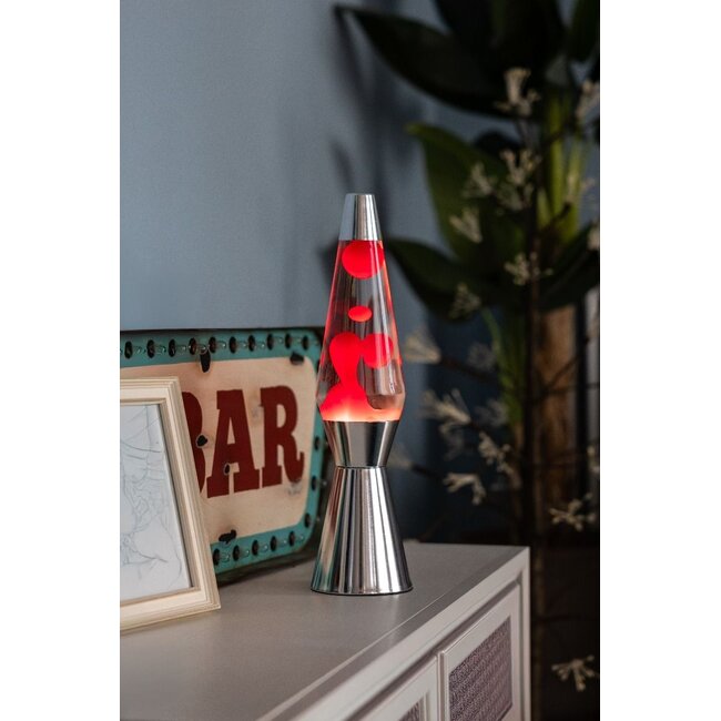 Fisura - Lava Lamp Raket - transparante vloeistof, rode lava, chromé voet