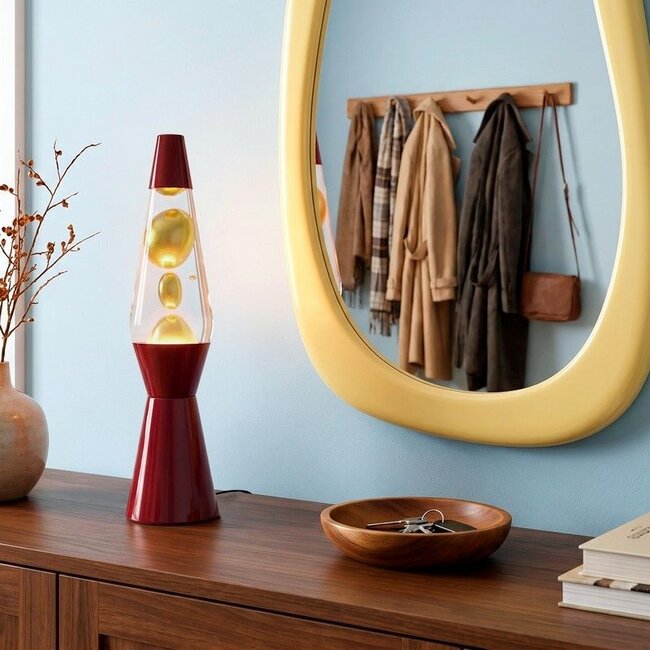Fisura - Lampe à Lave Fusée - liquide transparent, lave dorée, base bordeaux