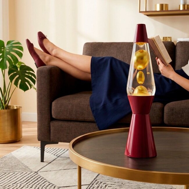 Fisura - Lava Lamp Raket - transparante vloeistof, gouden lava, bordeaux voet