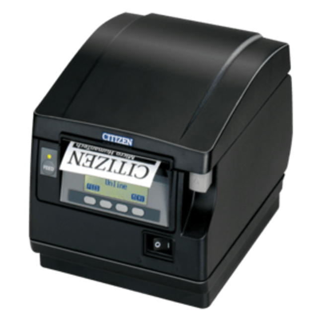 Citizen printers receipt printer, front exit, direct thermal, 8 dots/mm (203 dpi), variable paper width (58/60/80/82.5mm), print width (max.): 80 mm, roll diameter (max.): 83mm, 300 mm/s, cutter, LCD Display, mechanical sensor, ESC/POS, incl.: power supply unit, power cab
