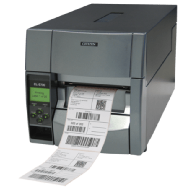 Citizen printers label printer, thermal transfer, resolution: 12 dots/mm (300 dpi), media width (max.): 118 mm, print width (max.): 104 mm, speed (max.): 200 mm/s, multi-interface (RS232, USB, parallel), EPL, ZPLII, Datamax, movable sensor