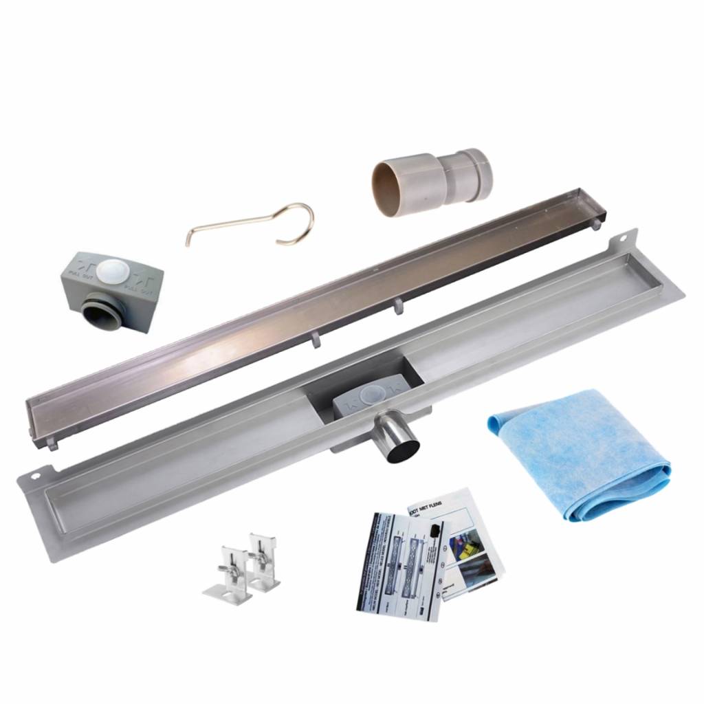 RVS Muur Douchegoot met sifon en TEGEL rooster 70 t/m 100cm Megadump Tiel