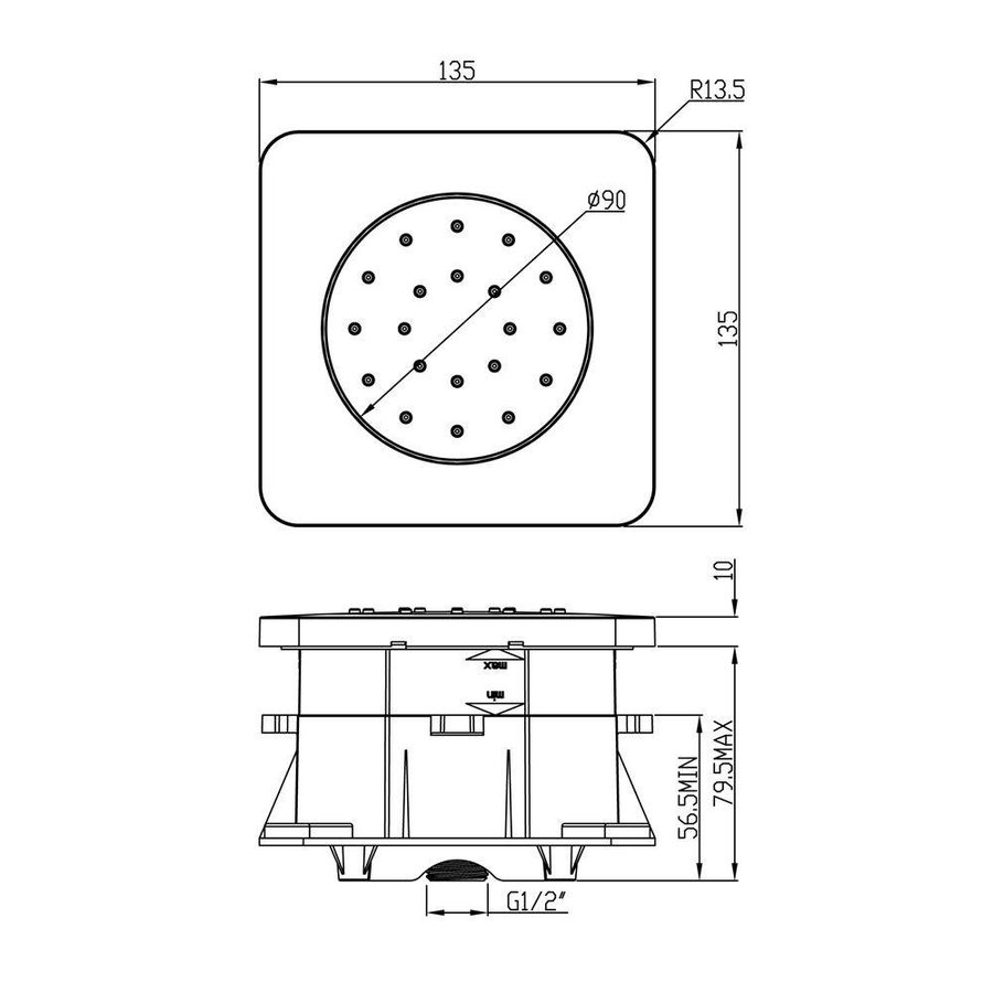 Inbouw Verstelbare Zijdouche Vierkant 135Mm Abs Chroom