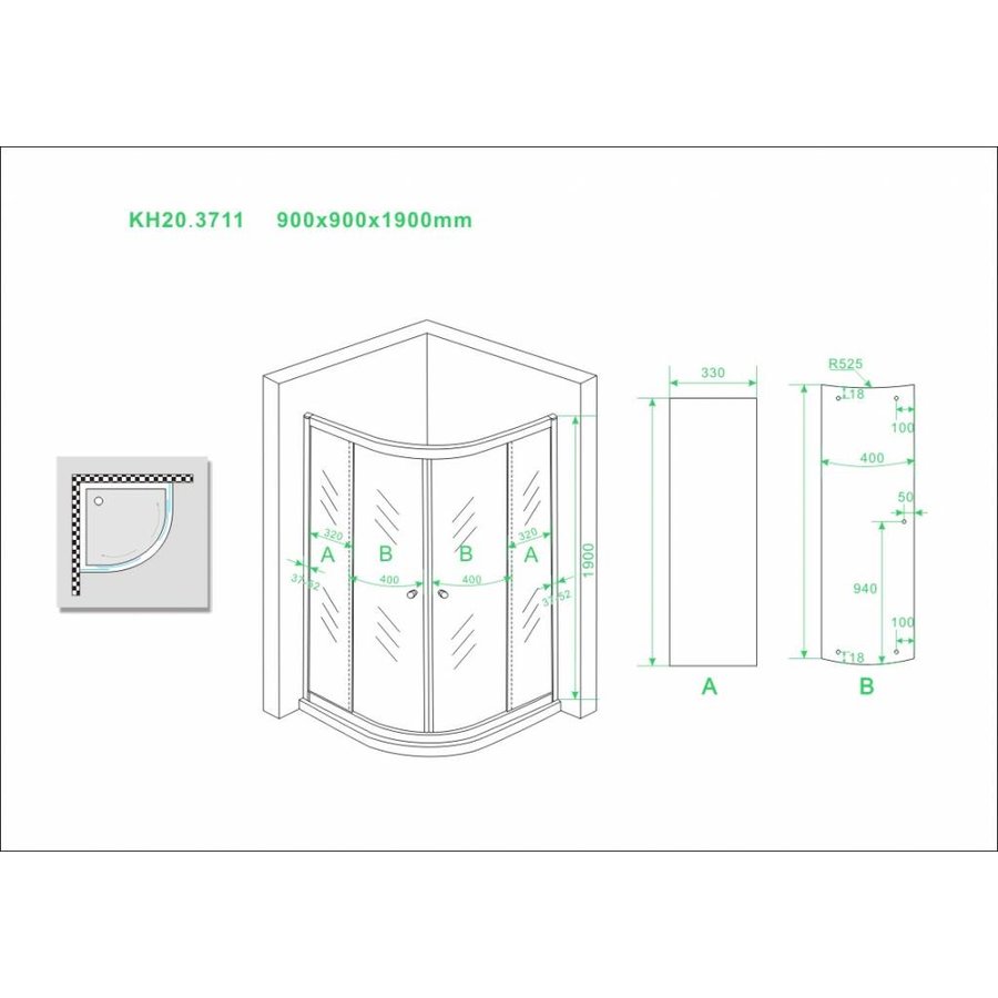 Wiesbaden eco 1/4 ronde douchecabine 5mm 900x900x1900 helder glas