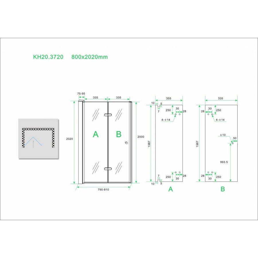 Wiesbaden vouwbare nisdeur 800x2020 links 8mm NANO glas