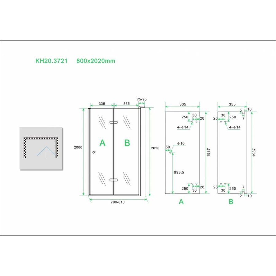 Wiesbaden vouwbare nisdeur 800x2020 rechts 8mm NANO glas