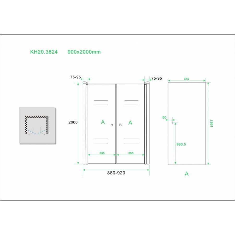 Wiesbaden dubbele pendeldeur in nis 900x2000 6mm NANO glas