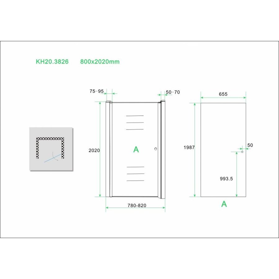 Wiesbaden nisdeur met profiel 800x2020 8mm NANO glas