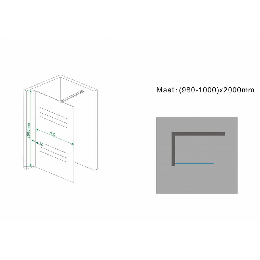 Wiesbaden inloopdouche+muurprofiel 1000x2000 10mm NANO geheel matglas