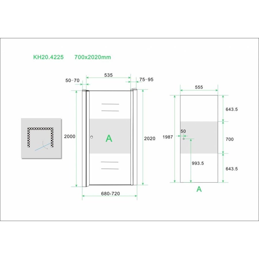 Wiesbaden nisdeur -R- met profiel 700x2000 8mm NANO ged.matglas