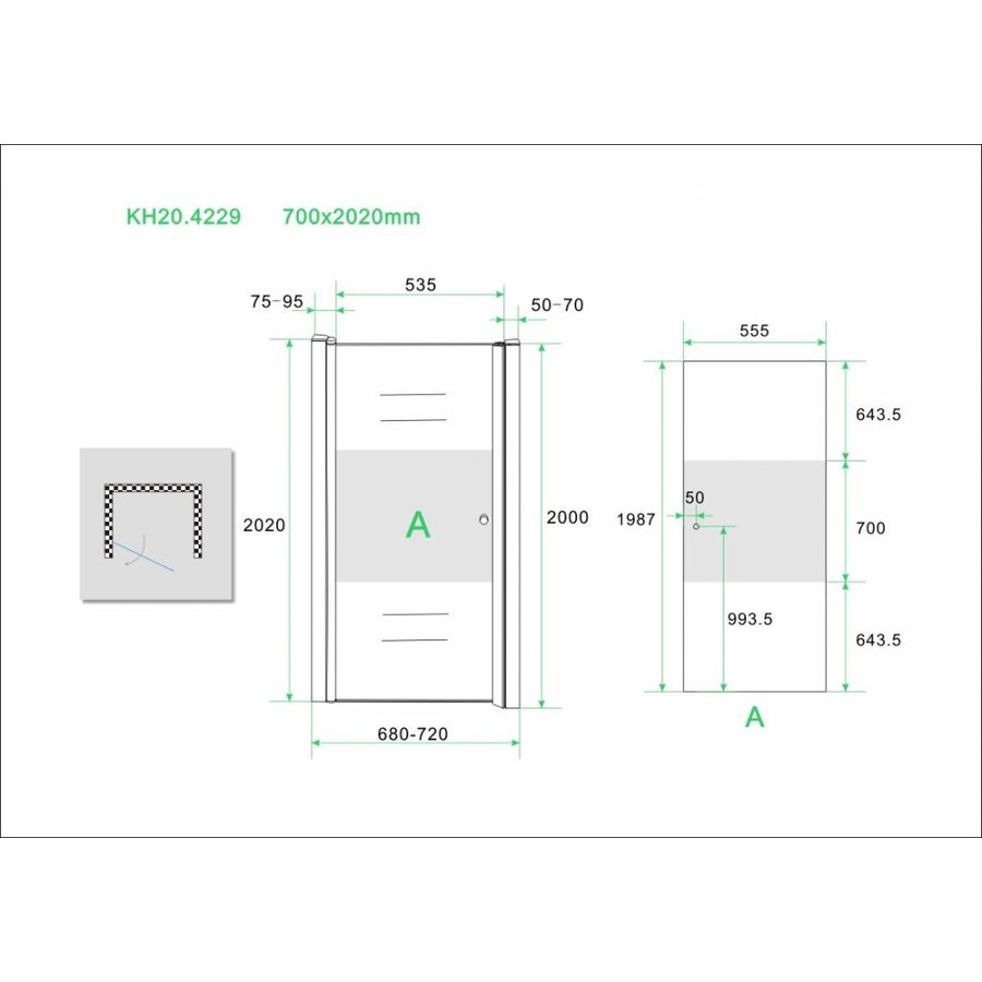 Wiesbaden nisdeur -L- met profiel 700x2000 8mm NANO ged.matglas