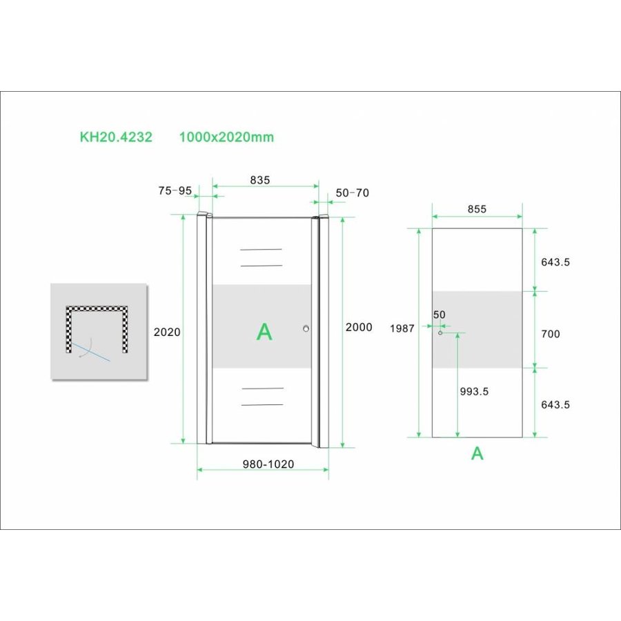 Wiesbaden nisdeur -L- met profiel 1000x2000 8mm NANO ged.matglas