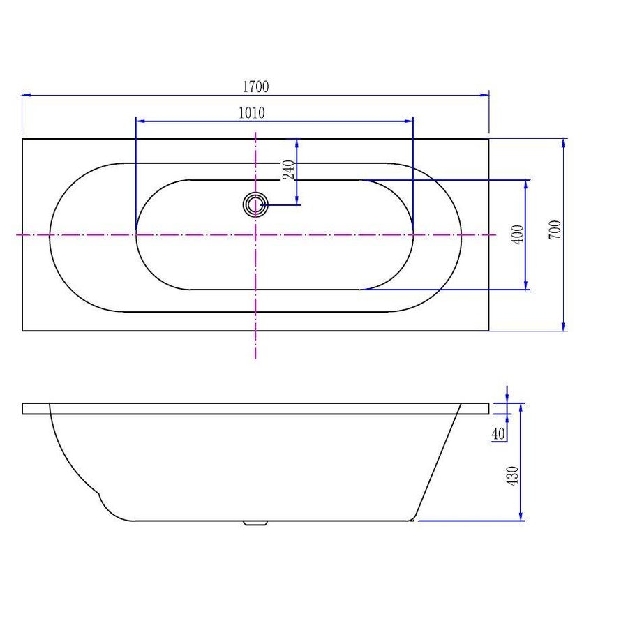 Ligbad Wiesbaden Portus RD Inbouw 170x70x43 cm Glans Wit