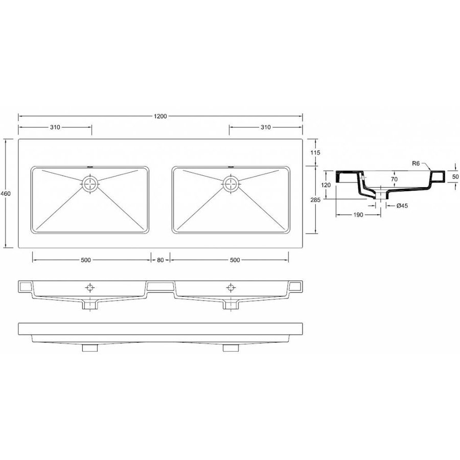 Wiesbaden keramische dub.meubelwastafel 120x46 zond. kr.gaten