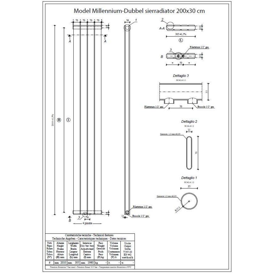 Wiesbaden Millennium-Dubbel sierradiator 200x30 wit