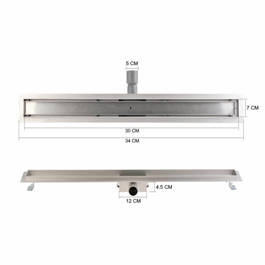 Mat Zwarte RVS Douchegoot Flens met Uitneembaar Sifon 30x7cm 6,7cm Diep MAT ZWART ROOSTER